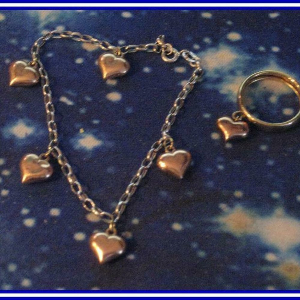 Vintage Retro Estate Womens 14k ROSE & WHITE Gold DANGLE PUFFY HEART & RING SET